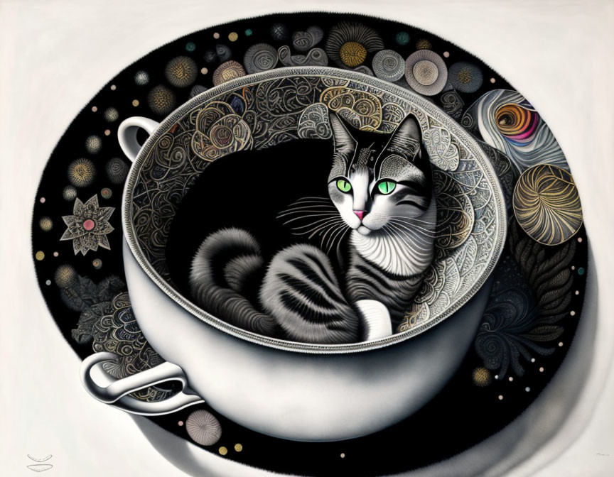 Black and white cat curled up in ornate teacup with colorful circles above