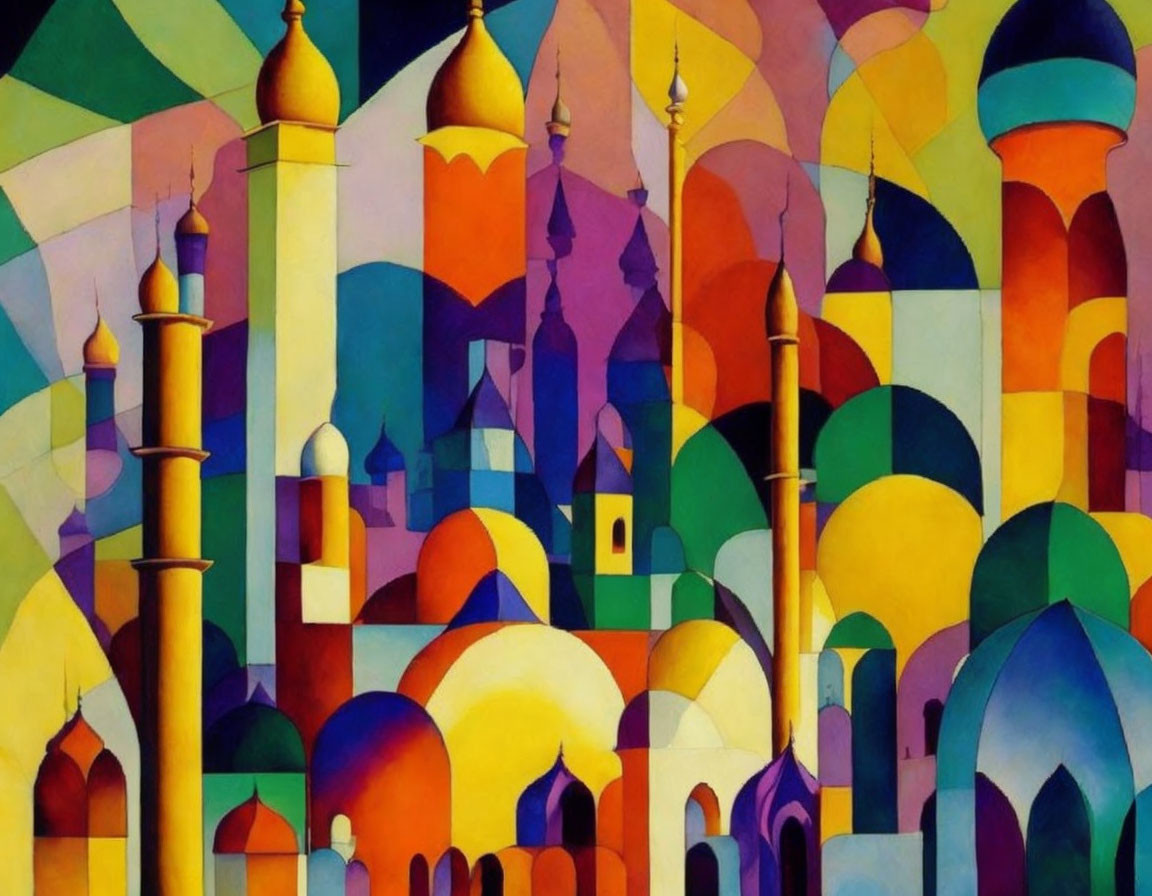 Vibrant abstract townscape painting with colorful buildings and domes