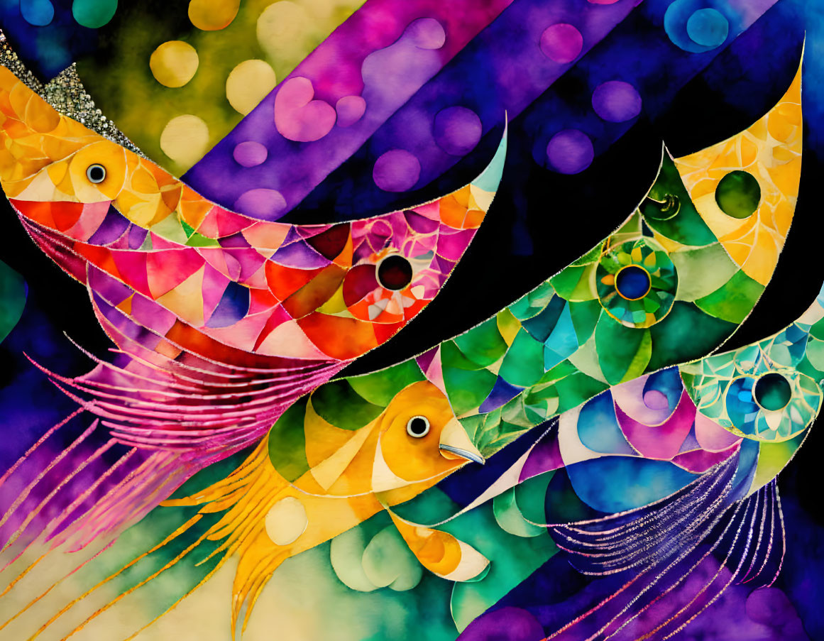 Colorful Geometric Birds in Abstract Watercolor Art
