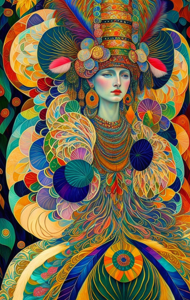 Colorful Illustration of Woman in Peacock-themed Attire