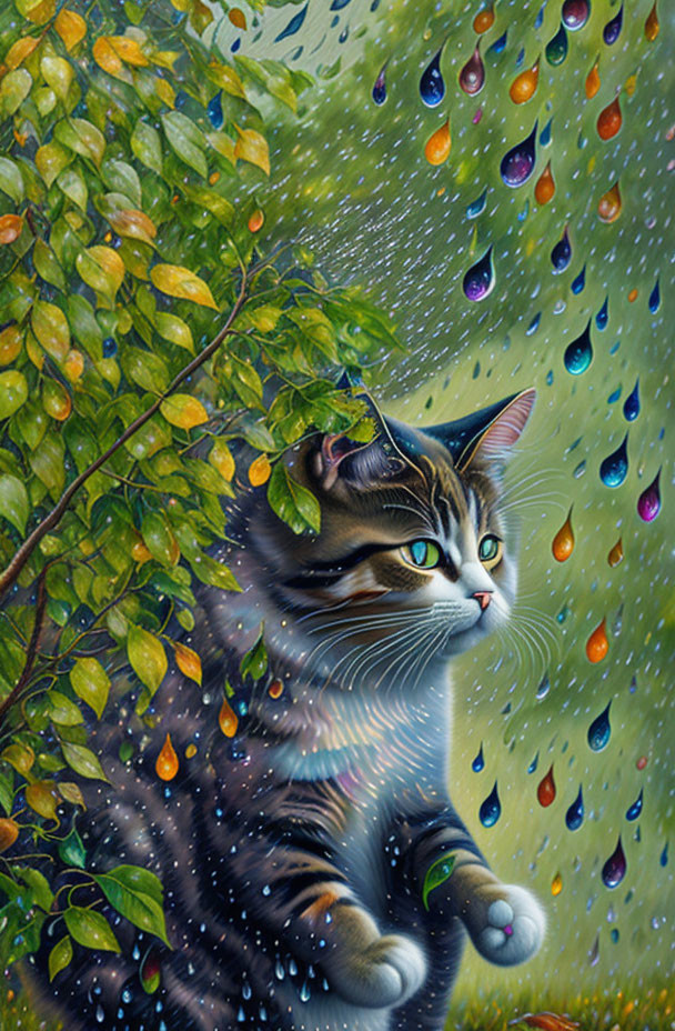 Tabby Cat Under Vibrant Green Foliage in Rainy Scene