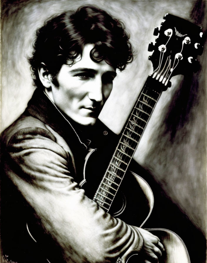 Monochrome artwork of person with wavy hair holding guitar