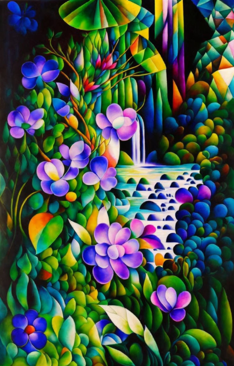 Colorful painting of nature scene with waterfall and geometric shapes