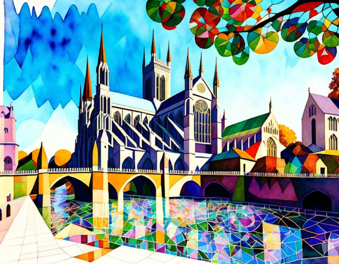 Colorful geometric cathedral painting with abstract foliage.