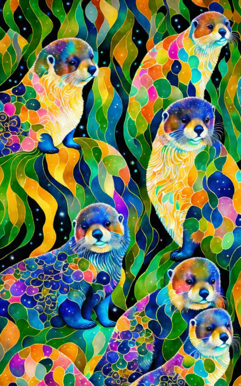 Colorful Psychedelic Otter Faces Pattern with Swirls and Dots
