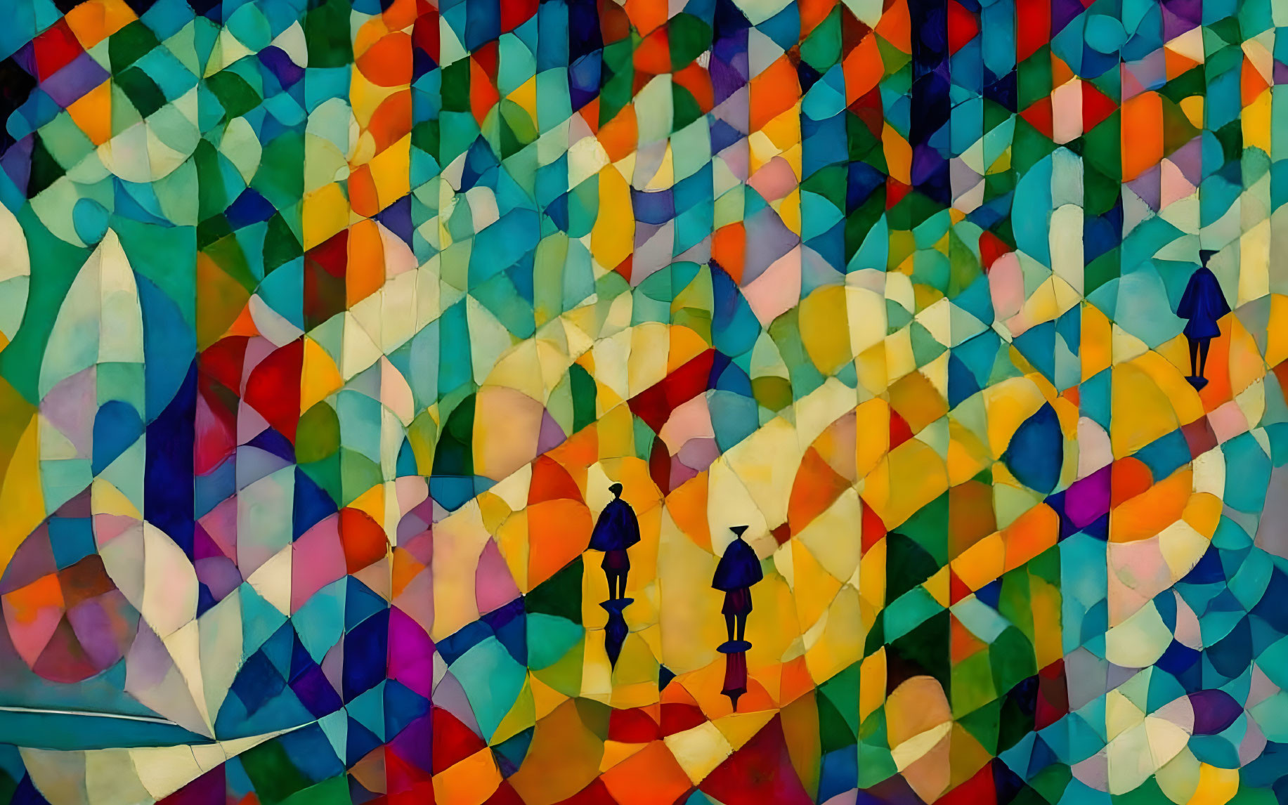Colorful Abstract Mosaic with Silhouetted Figures