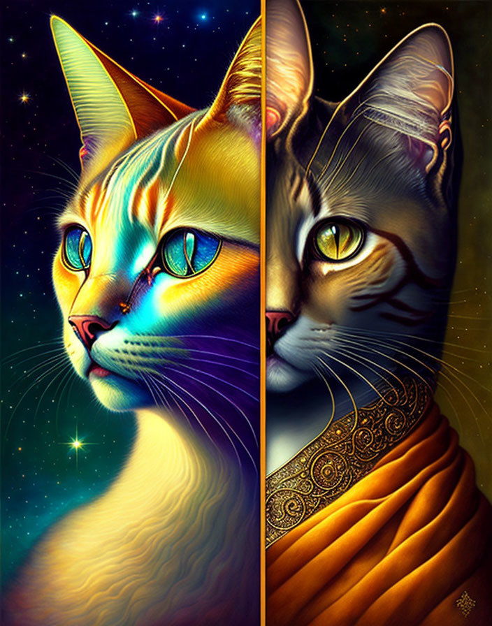 Digital Artwork: Cosmic Cats in Warm & Cool Tones
