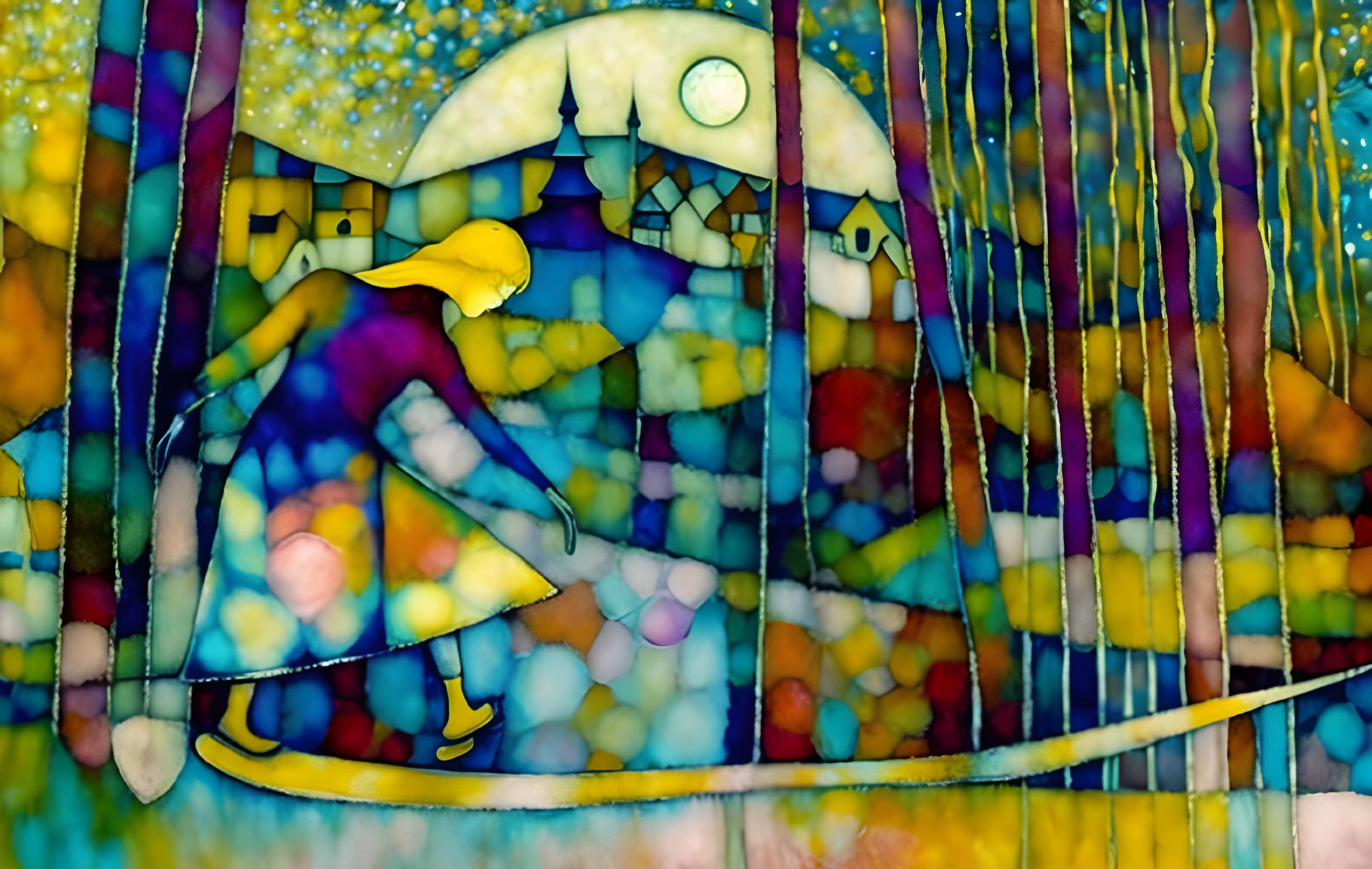 Vibrant stained glass style image of person skiing down colorful slope