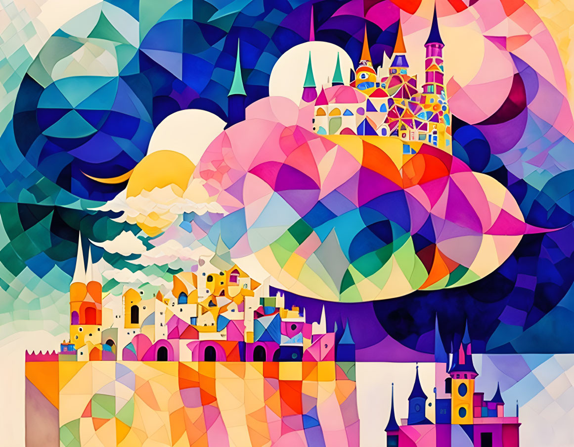 Colorful Geometric Cityscape with Landmarks on Abstract Sky Background