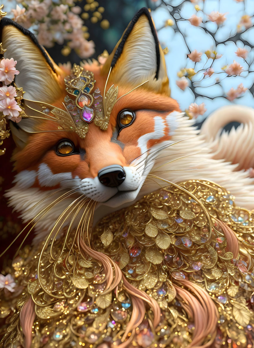 Ornate fox figure with golden mask and collar among cherry blossoms