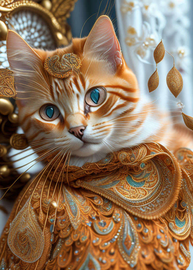 Orange Tabby Cat in Regal Golden Headdress and Garment