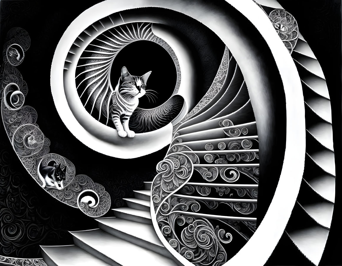 Detailed Black and White Artwork with Surreal Spiral Patterns and Hidden Cats