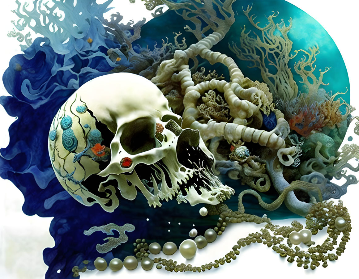 Detailed Illustration of Decorated Skull with Coral, Flora, and Pearls on Blue Background