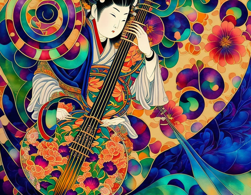 Colorful Artwork of Stylized Woman Playing Shamisen in Japanese Garments