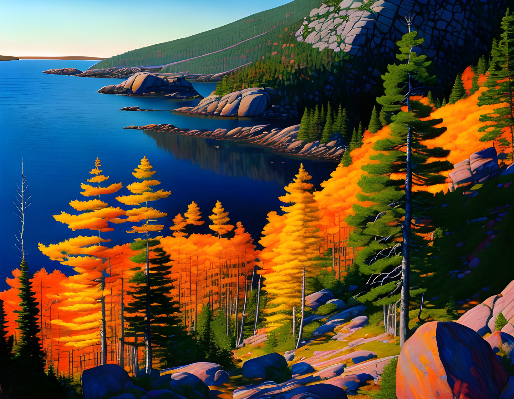 Autumn landscape: fiery trees, blue lake, dam, clear sky