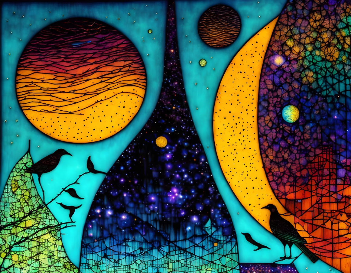 Colorful Abstract Digital Artwork: Celestial Bodies and Birds on Cosmic Background