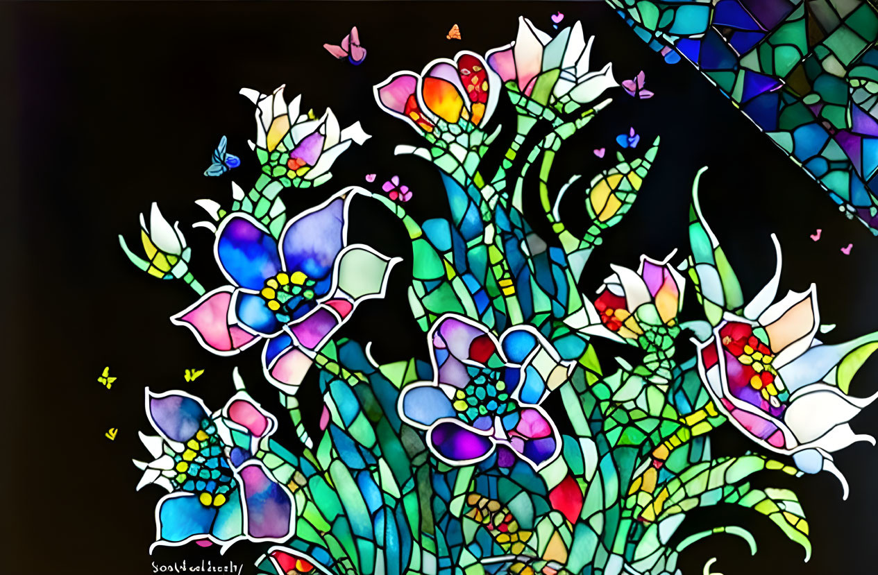 Colorful Flowers and Butterflies in Vibrant Stained Glass Artwork