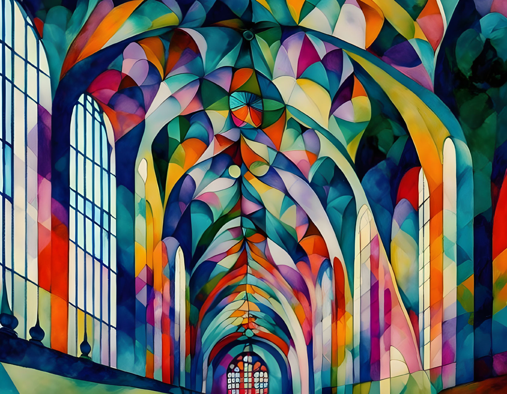 Multicolored Stained Glass Windows in Vaulted Ceiling
