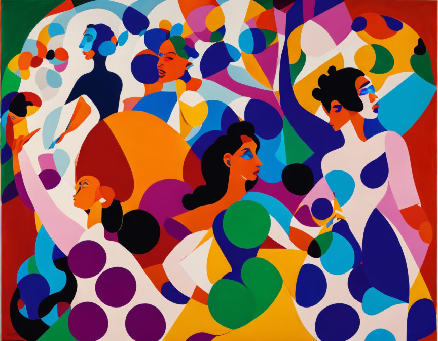 Vibrant abstract painting with stylized female figures and colorful patterns