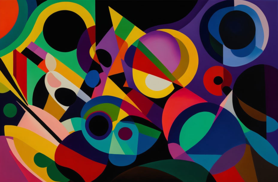 Colorful Abstract Painting with Interlocking Shapes on Black Background