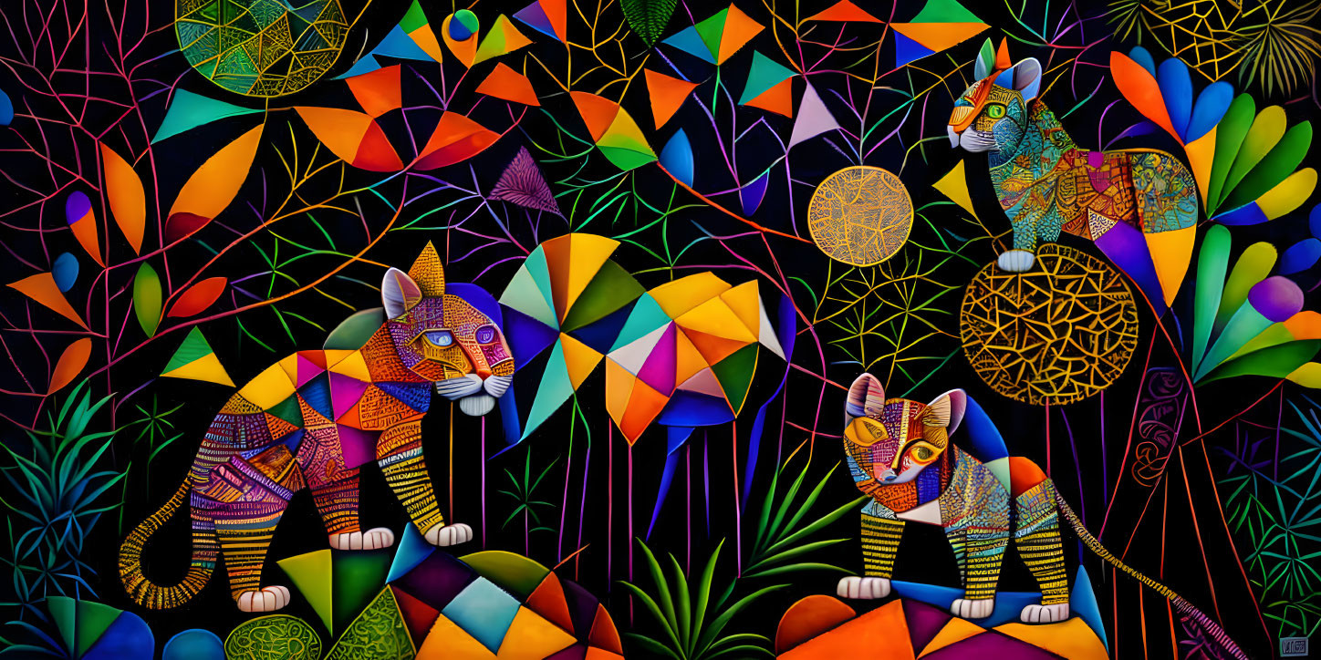 Colorful Geometric Jungle Artwork Featuring Three Patterned Cats