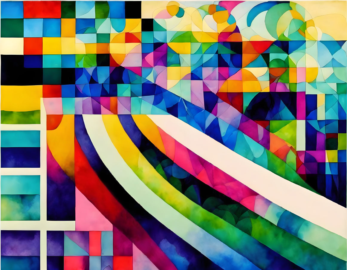 Colorful Abstract Geometric Painting with Squares, Circles, and White Bands