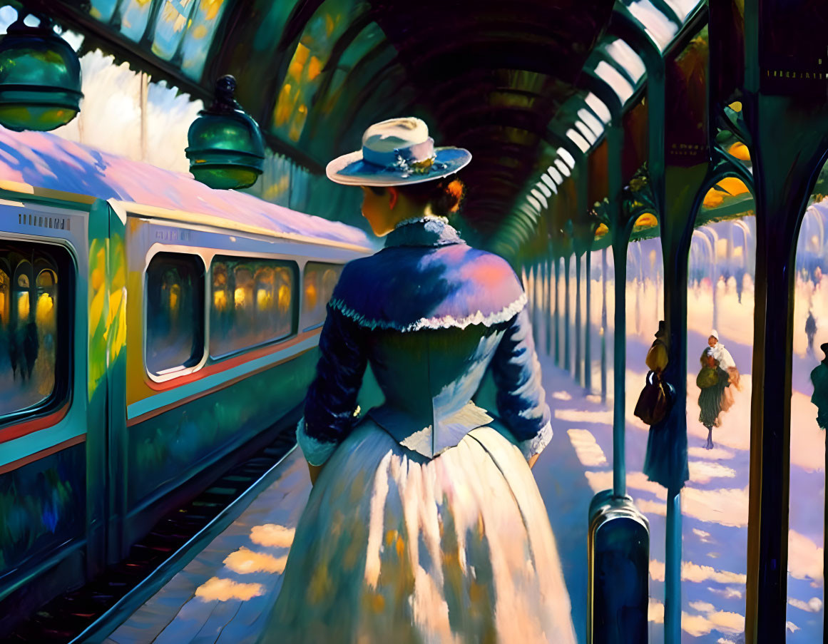 Vintage-dressed woman on train platform with trains and sunlight.