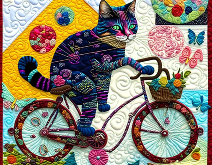 Vibrant Quilted Artwork of Cat Riding Bicycle