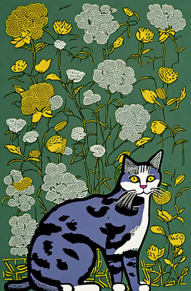 Blue and Black Spotted Cat with Yellow and White Flowers on Green Background