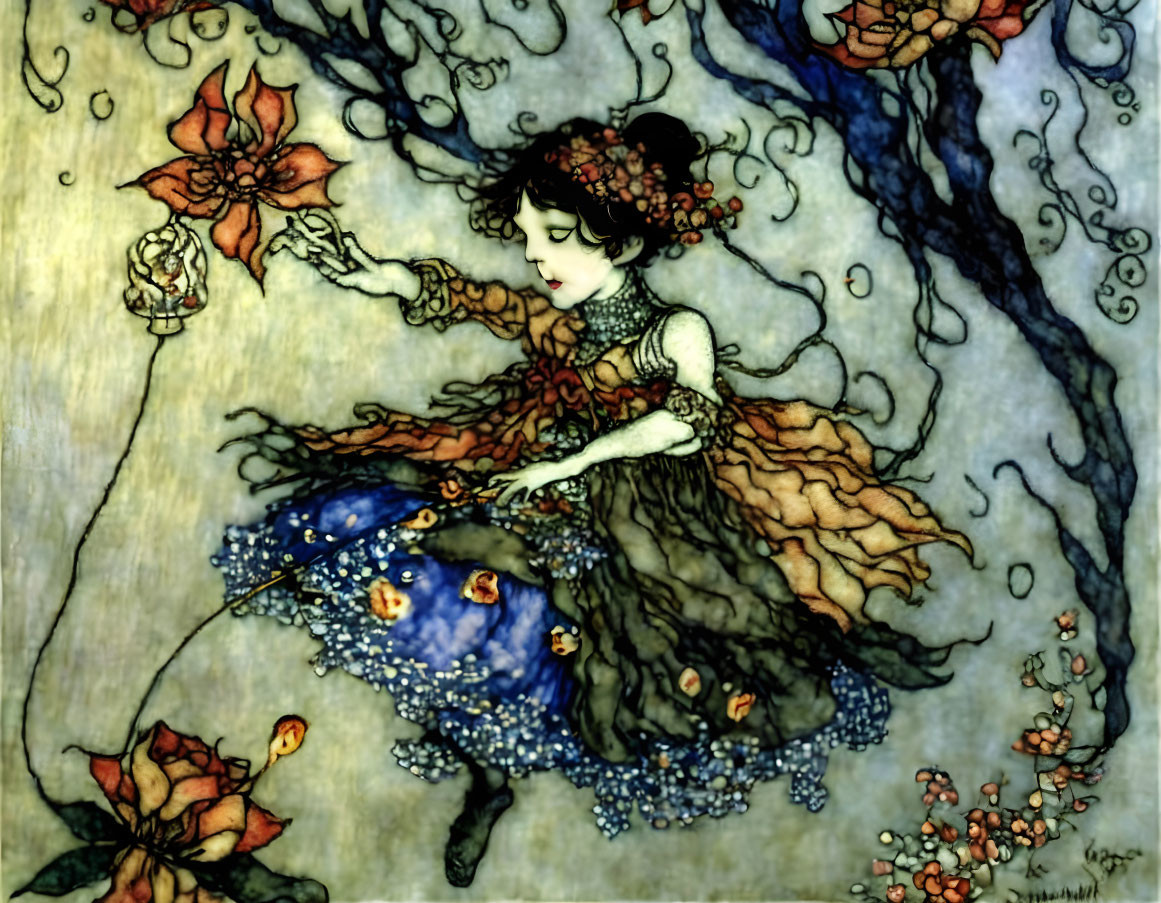 Illustration of girl with flowered hair and fish dress in Art Nouveau style