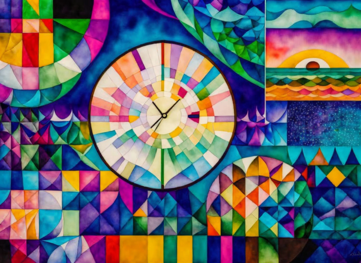 Colorful Stained Glass Style Painting with Clock and Celestial Scene
