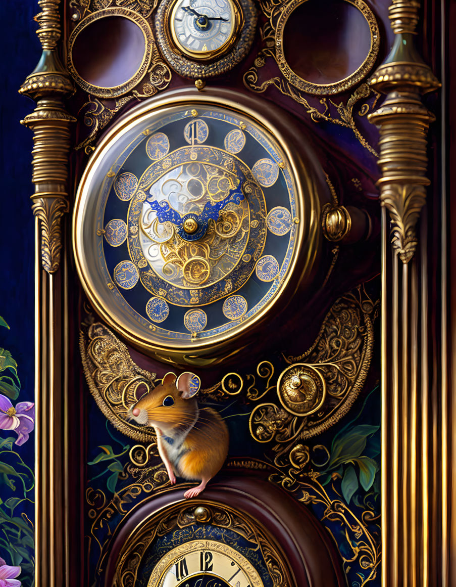 Golden Accents and Floral Patterns Clock with Mouse and Multiple Faces