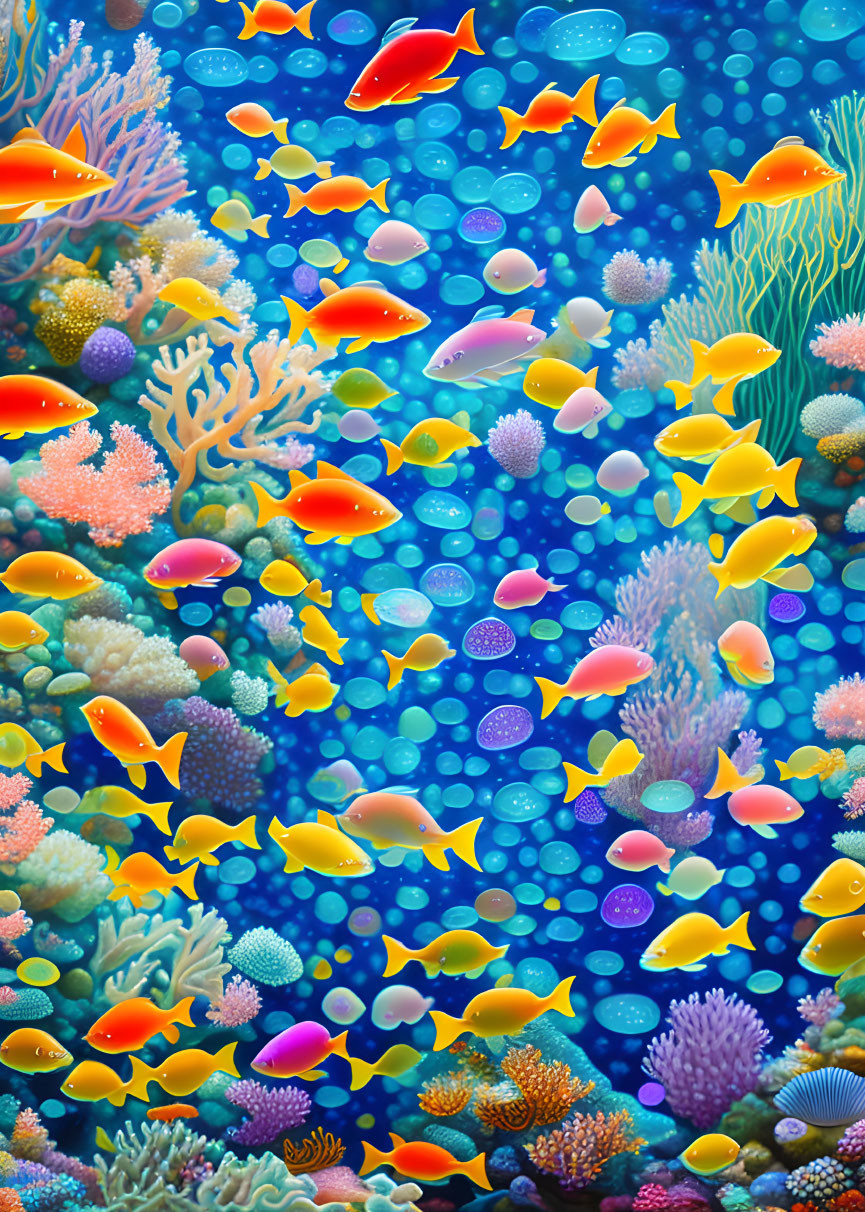 Vibrant Underwater Scene with Colorful Fish and Coral Reefs