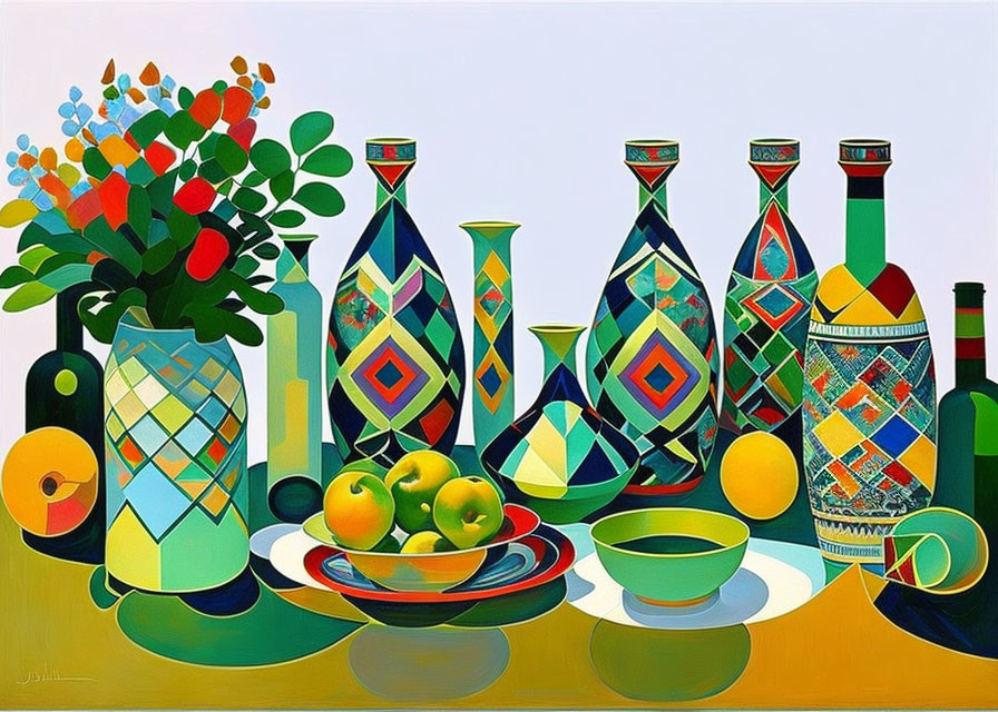 Colorful Still Life Painting with Geometric Vases, Fruit Bowl, Cup, and Floral Arrangement