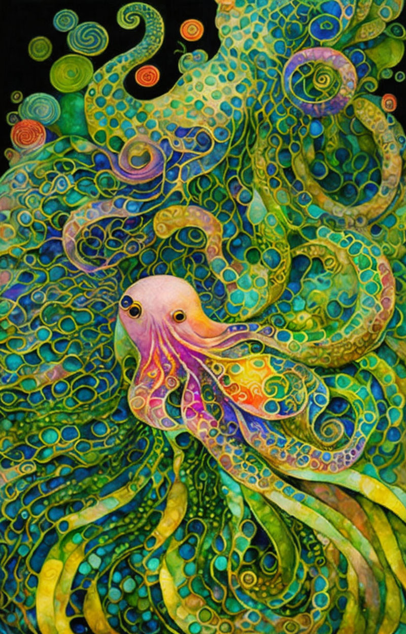 Colorful Octopus Painting with Swirling Tentacles and Intricate Patterns