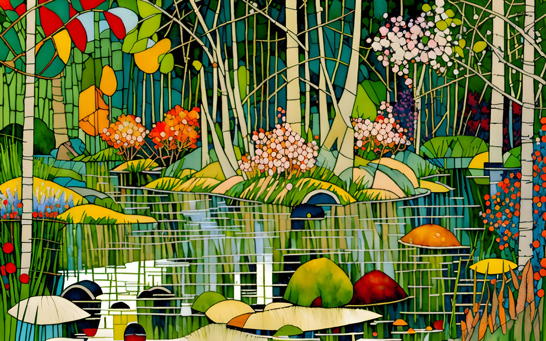 Colorful stained-glass style forest illustration with mushrooms, flowers, and ducks.