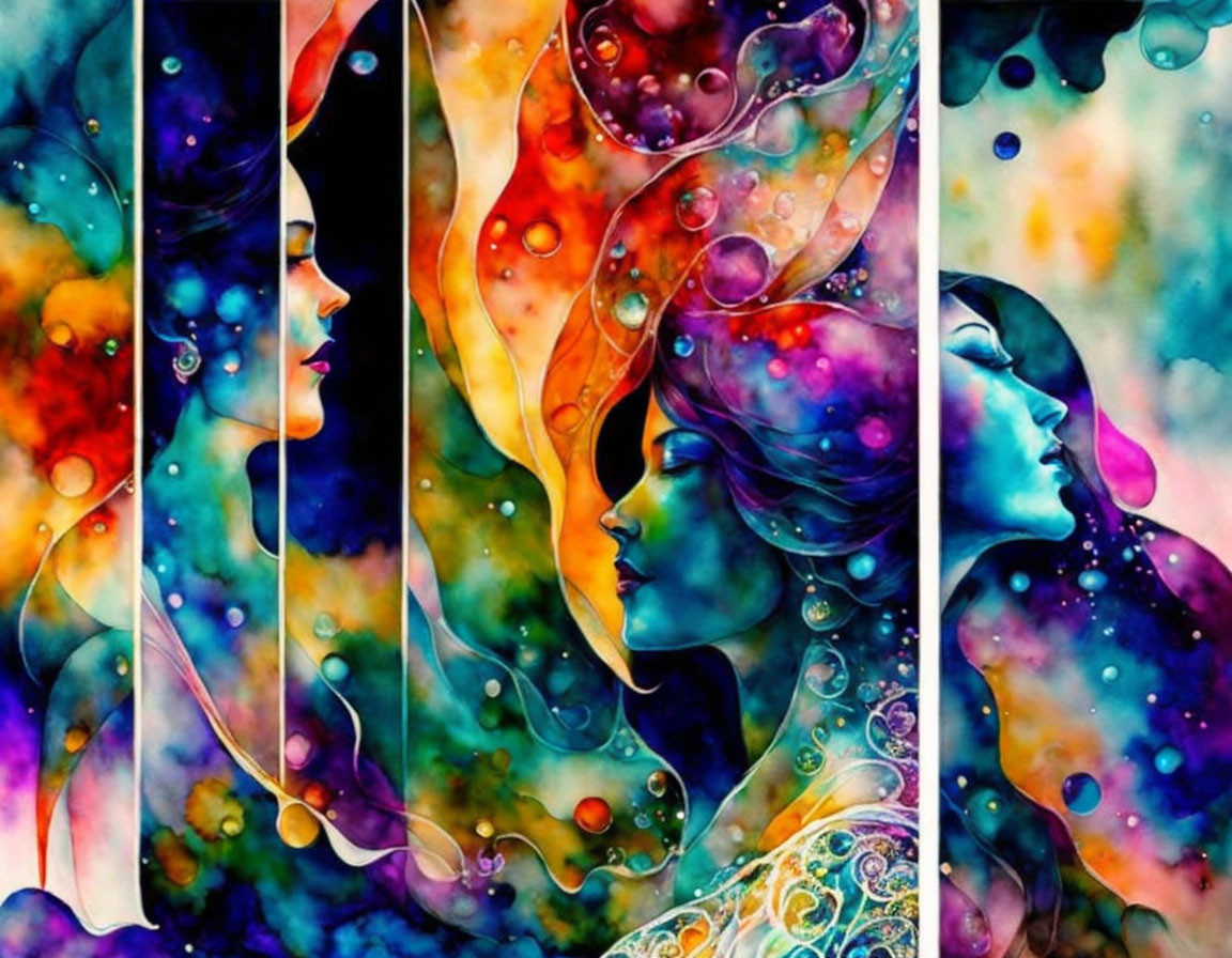 Vibrant Cosmic Watercolor Triptych of Stylized Female Profiles
