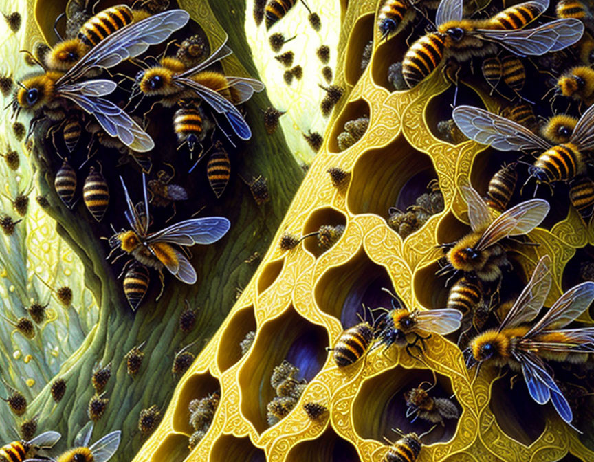 Detailed close-up of honeybees in golden honeycomb hive