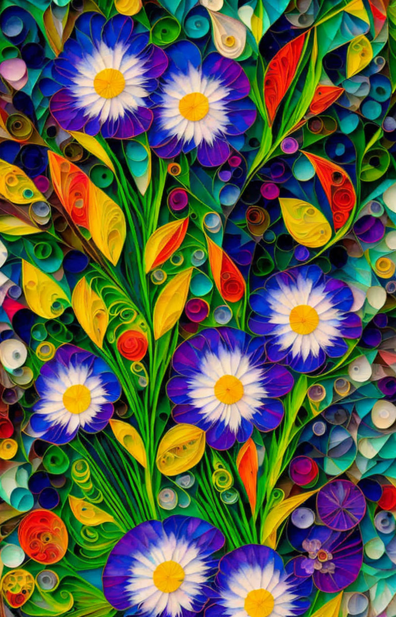 Vibrant Quilled Paper Art: Blue Flowers, Yellow Stalks, Green Leaves