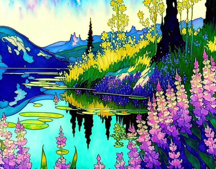 Colorful waterside scene with purple and yellow flowers, blue water, mountains, and trees.