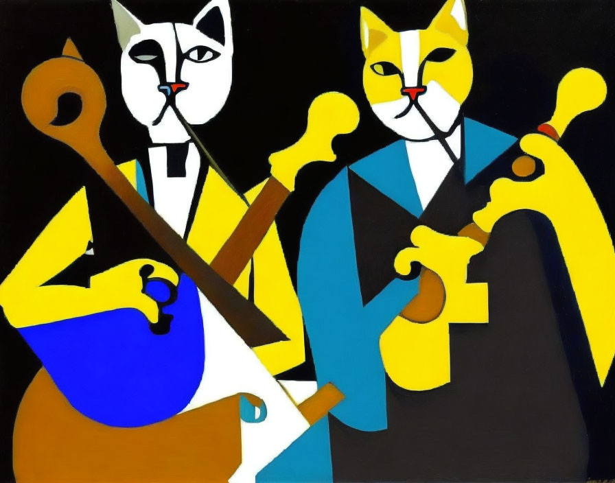 Stylized cats playing instruments on black background