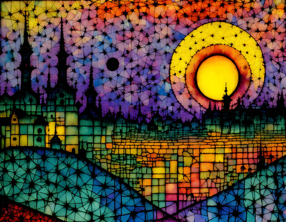 Geometric landscape art with city silhouette and vibrant sky