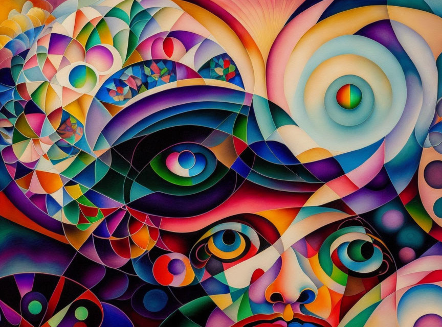 Colorful Abstract Painting with Geometric Patterns and Multiple Eyes