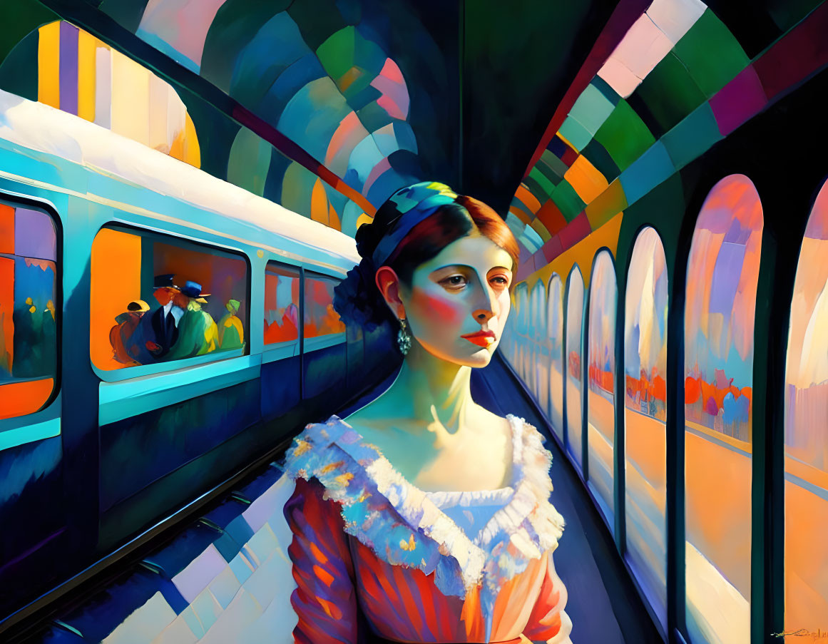 Vibrant subway platform painting with woman in ruffled dress