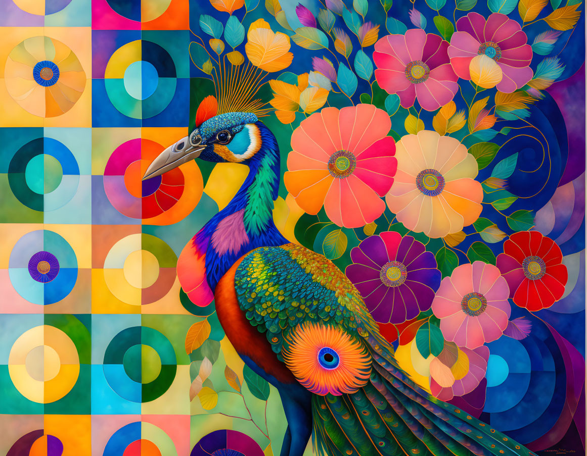 Colorful Peacock Illustration with Elaborate Plume & Geometric Patterns