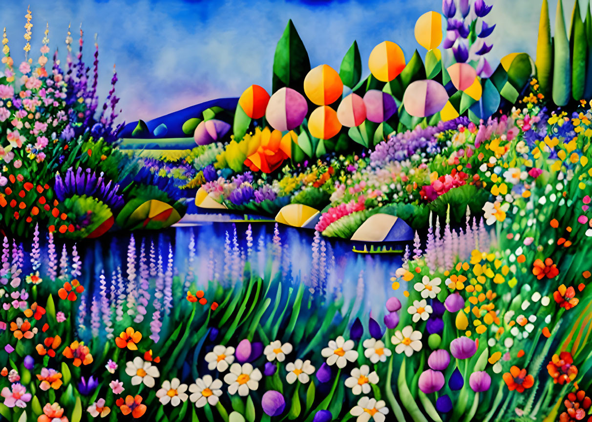 Colorful floral landscape with geometric trees and blue river