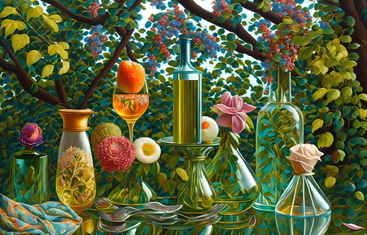 Detailed Still Life Painting of Glass Bottles, Foliage, Flowers, and Fruits