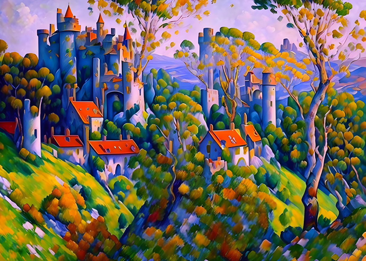 Colorful painting of castle in whimsical landscape