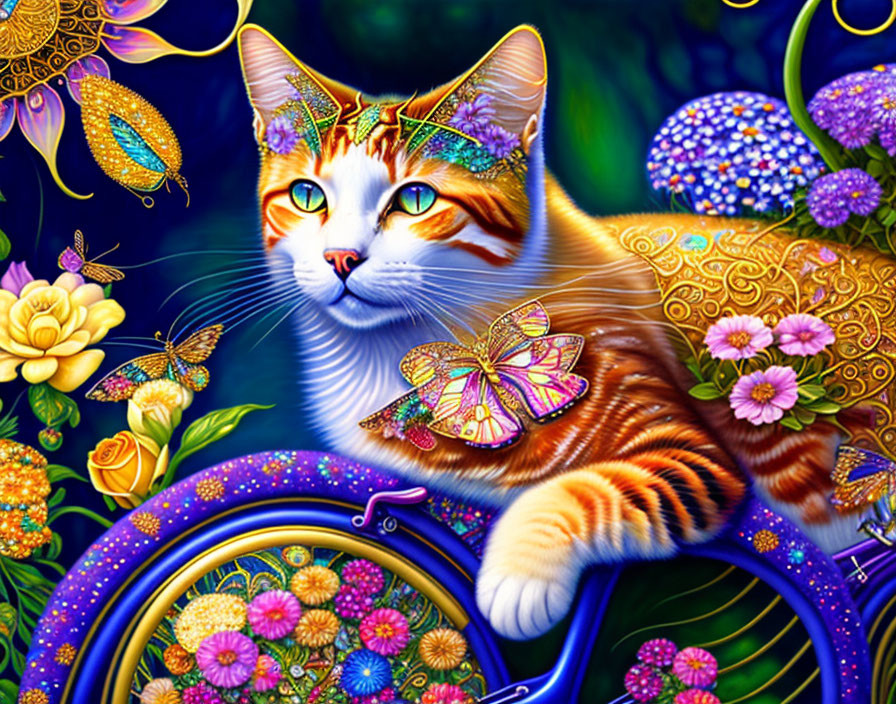 Colorful Cat Illustration with Gold Details and Flowers on Blue Background