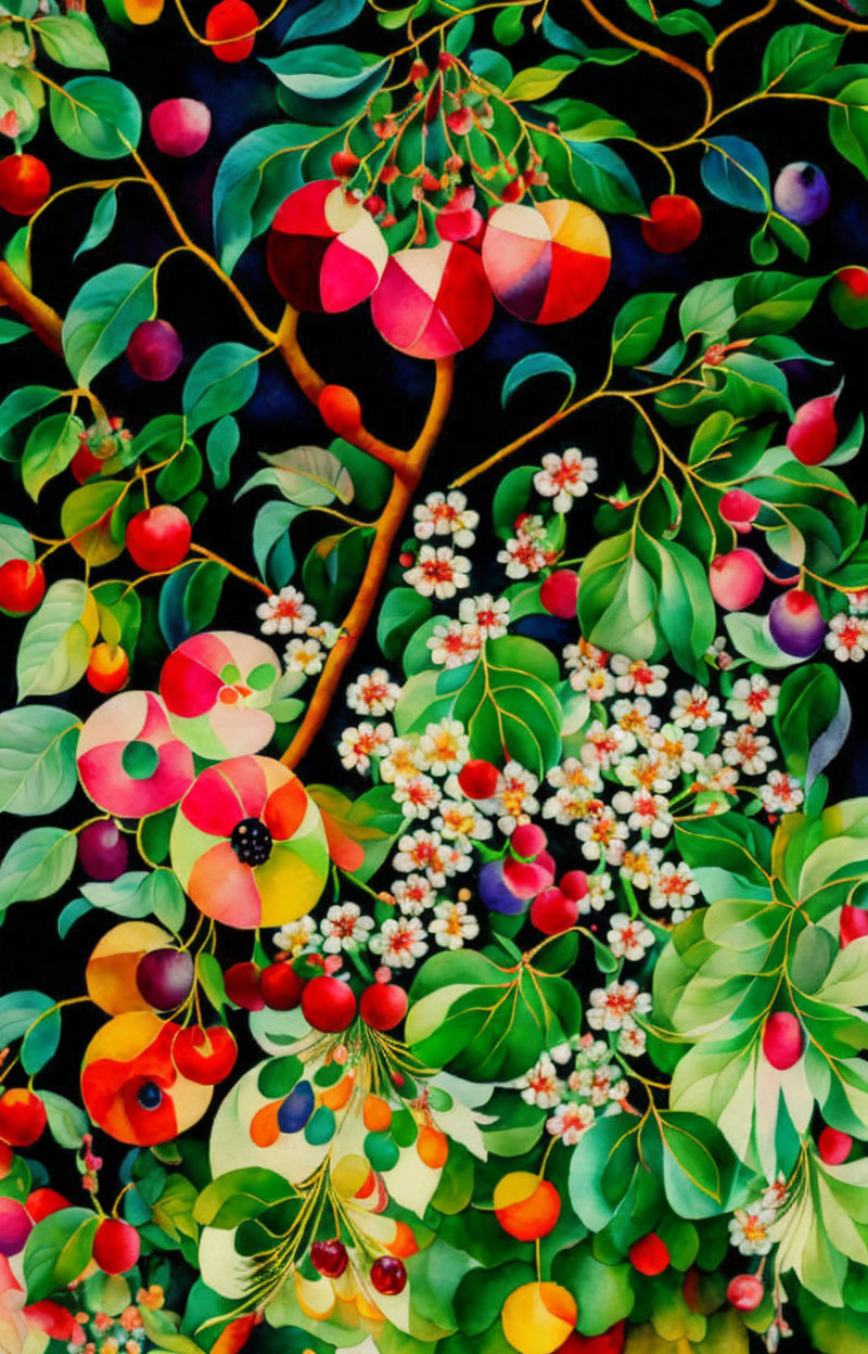 Colorful Painting of Fruits and Flowers with Lush Leafy Backdrop